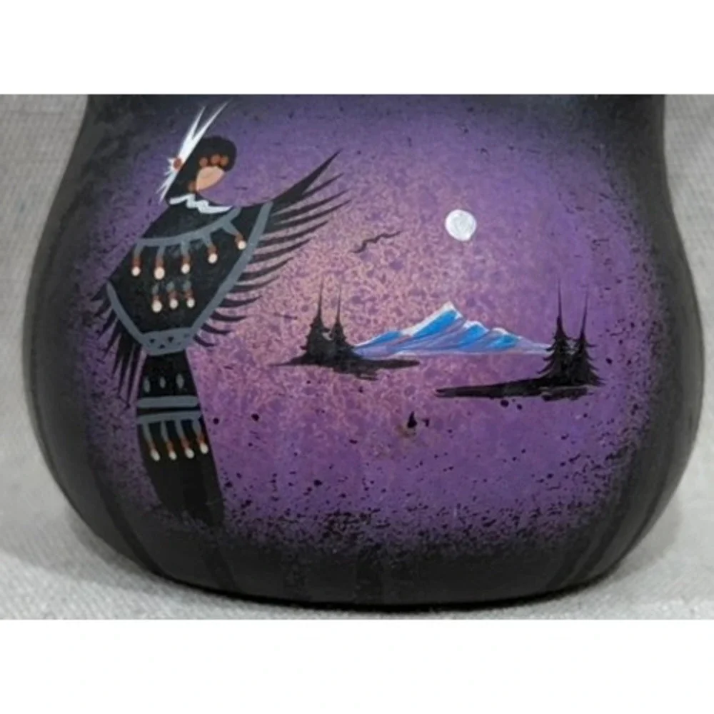 Navajo Black ware Wedding Vase Hand Painted Purple Night Scene Signed 5.5